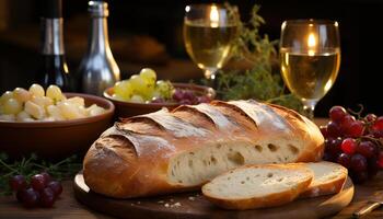 ai généré fraîcheur de pain, vin, et gourmet nourriture sur en bois table généré par ai photo