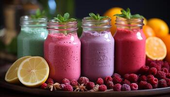 ai généré fraîcheur et variété sur une en bois table fruit, nourriture, boisson généré par ai photo