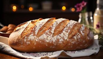 ai généré fraîchement cuit fait maison pain sur rustique en bois table généré par ai photo