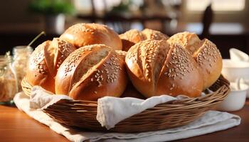 ai généré fraîchement cuit pain sur en bois tableau, prêt à manger gourmet repas généré par ai photo