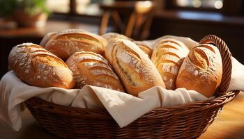 ai généré fraîchement cuit pain sur en bois tableau, une gourmet repas généré par ai photo