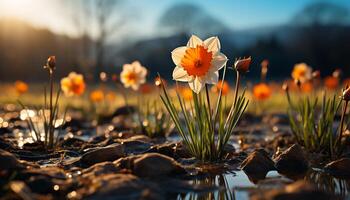 ai généré une vibrant Prairie fleurs avec Jaune tulipes dans printemps généré par ai photo