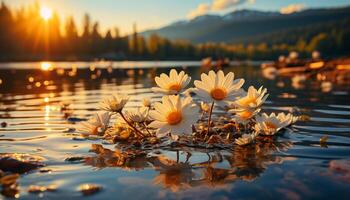 ai généré le vibrant Jaune fleur reflète dans tranquille étang l'eau généré par ai photo