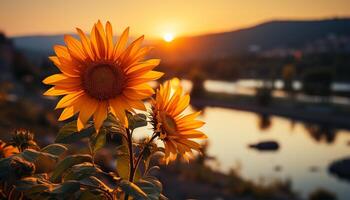 ai généré tournesol, en plein air, été, fleur, jaune, coucher de soleil, beauté dans nature, usine, lumière du soleil généré par ai photo