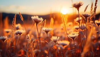 ai généré le coucher du soleil plus de prairie, la nature beauté dans une vibrant crépuscule généré par ai photo