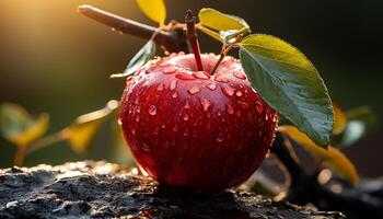 ai généré fraîcheur de la nature mûr pomme, humide avec rosée généré par ai photo
