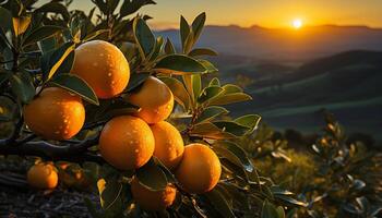 ai généré fraîcheur de mûr fruit sur arbre dans le coucher du soleil d'or lumière généré par ai photo