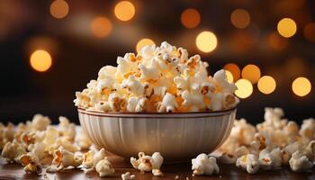 ai généré une frais, Jaune bol de pop corn pour film nuit généré par ai photo