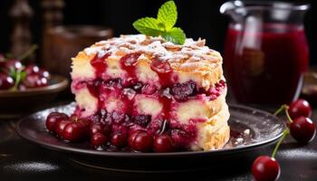 ai généré fait maison baie cheesecake sur rustique bois plaque, indulgent été dessert généré par ai photo