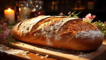 ai généré fraîchement cuit fait maison pain ciabatta sur rustique en bois table généré par ai photo