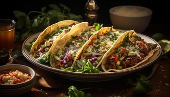 ai généré une frais, épicé mexicain taco Viande, guacamole, tomate, coriandre, tortilla généré par ai photo