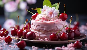 ai généré fait maison gourmet dessert Frais baie cheesecake avec Chocolat glaçage généré par ai photo