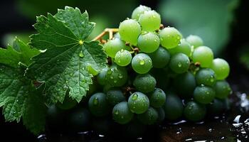 ai généré Frais grain de raisin feuille, la nature vert fruit, humide avec rosée généré par ai photo