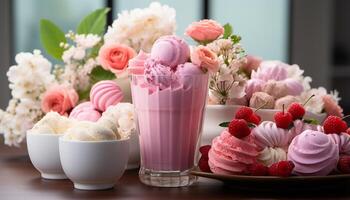 ai généré fait maison gourmet dessert Frais framboise crème sur une rose fleur généré par ai photo