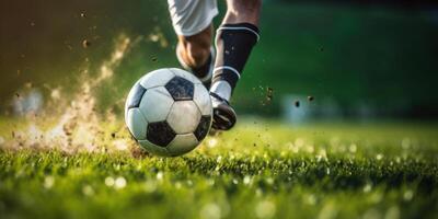 ai généré professionnel football joueur en jouant Football sur vert herbe pas à stade. proche en haut de football chaussure frappe balle. génératif ai photo