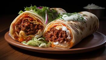 ai généré grillé du boeuf taco sur galette, surmonté avec Frais tomate et coriandre généré par ai photo