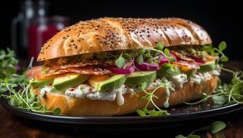 ai généré une grillé du boeuf sandwich sur pain ciabatta avec Frais des légumes généré par ai photo