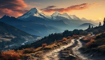 ai généré majestueux Montagne culminer, tranquille prairie, serein coucher de soleil, la nature beauté généré par ai photo