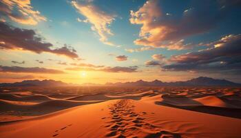 ai généré le coucher du soleil plus de le le sable dunes, une tranquille scène de beauté généré par ai photo