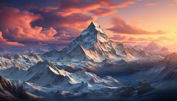 ai généré majestueux Montagne culminer, la nature beauté dans panoramique le coucher du soleil généré par ai photo