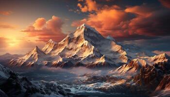 ai généré majestueux Montagne culminer, neige plafonné, le coucher du soleil des peintures la nature beauté généré par ai photo