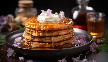 ai généré fraîcheur sur bois table fait maison crêpe, gourmet dessert, sucré fruit généré par ai photo