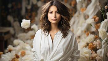 ai généré une magnifique Jeune femme avec marron cheveux souriant en plein air généré par ai photo