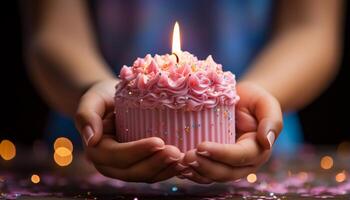 ai généré fête de l'amour sucré petit gâteau, brûlant bougie, joyeux main généré par ai photo