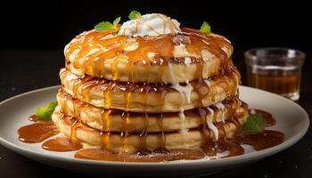 ai généré une empiler de sucré Crêpes avec Frais baies et sirop généré par ai photo