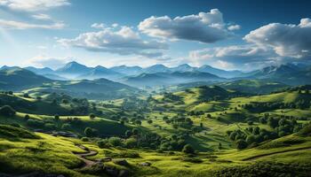 ai généré tranquille prairie, vert montagnes, le coucher du soleil la nature Stupéfiant beauté généré par ai photo