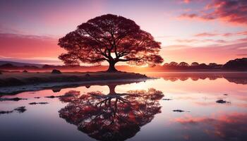 ai généré tranquille le coucher du soleil reflète sur eau, la nature beauté dans crépuscule généré par ai photo