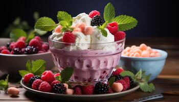 ai généré framboise, myrtille, fraise, mûre, menthe feuille, yaourt, la glace crème généré par ai photo