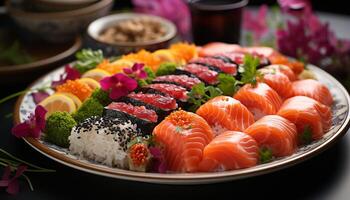 ai généré fraîcheur sur assiette fruit de mer, sashimis, nigiris, maki Sushi, Avocat généré par ai photo