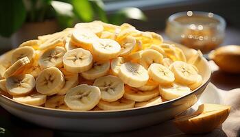 ai généré frais, en bonne santé fruit casse-croûte mûr banane tranche sur en bois assiette généré par ai photo