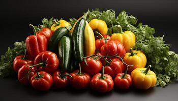 ai généré frais, en bonne santé des légumes tomate, concombre, cloche poivre, oignon, carotte généré par ai photo