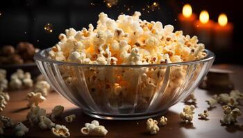 ai généré Frais pop corn dans une en bois bol, parfait film nuit casse-croûte généré par ai photo