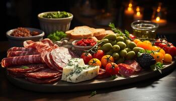 ai généré fraîcheur sur bois table gourmet Viande, tomate, et pain généré par ai photo