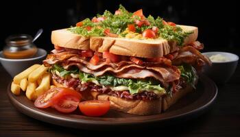 ai généré grillé Viande sandwich sur pain ciabatta, Frais salade, et français frites généré par ai photo