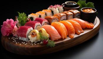 ai généré fraîcheur sur assiette Sushi, sashimis, makis, nigiris, algue, Avocat généré par ai photo