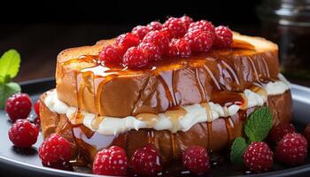 ai généré Frais fait maison crêpe avec Chocolat sauce et framboise garnir généré par ai photo