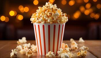 ai généré se livrer dans film théâtre rafraîchissements sucré pop corn dans rayé seau généré par ai photo