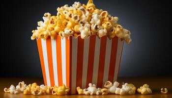 ai généré en train de regarder film, en mangeant Popcorn, dans une rayé film théâtre siège généré par ai photo