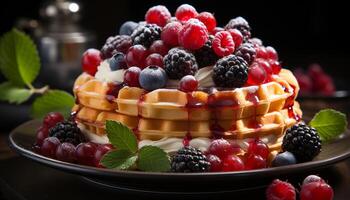 ai généré fraîcheur et douceur sur une assiette framboise, myrtille, fraise, menthe feuille généré par ai photo