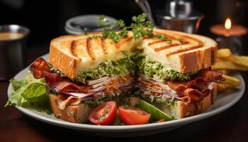 ai généré grillé Viande sandwich sur grillé pain ciabatta, Frais salade sur assiette généré par ai photo