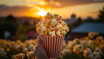 ai généré main en portant Frais maïs, profiter Extérieur film en dessous de le coucher du soleil généré par ai photo