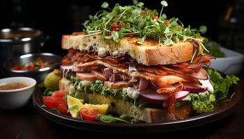 ai généré grillé Viande, Frais salade, et en bonne santé sandwich sur assiette généré par ai photo