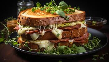 ai généré grillé du boeuf sandwich sur rustique pain, Frais salade sur assiette généré par ai photo