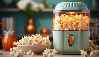 ai généré Frais Popcorn, sucré bonbons, et une rafraîchissant boisson pour film nuit généré par ai photo