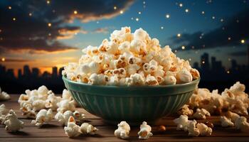 ai généré en train de regarder film, en mangeant Popcorn, profiter le nuit à Accueil généré par ai photo
