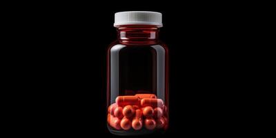 ai généré comprimés et capsules dans pharmaceutique bouteille. vitamine supplément, bien-être et nutrition concept sur noir Contexte photo